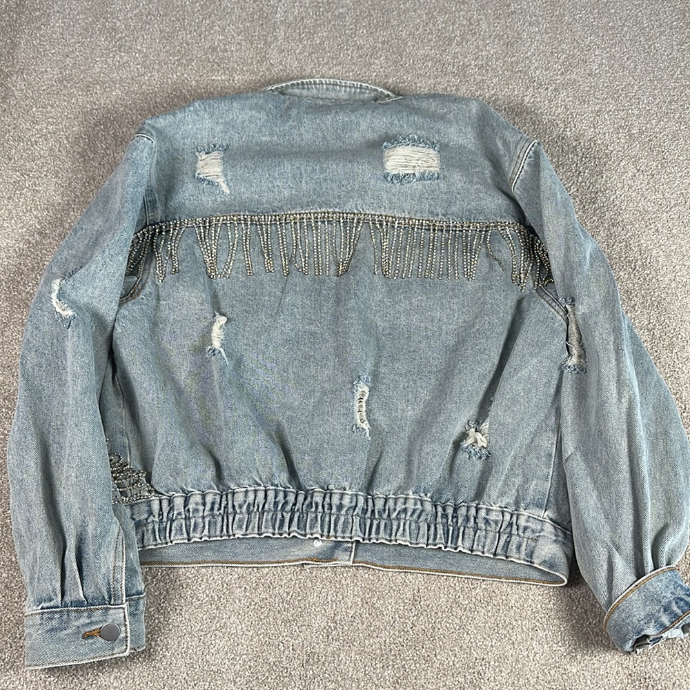 Distressed, rhinestone, fringe, jean jacket,‎ grunge, punk band rock - Picture 15 of 15